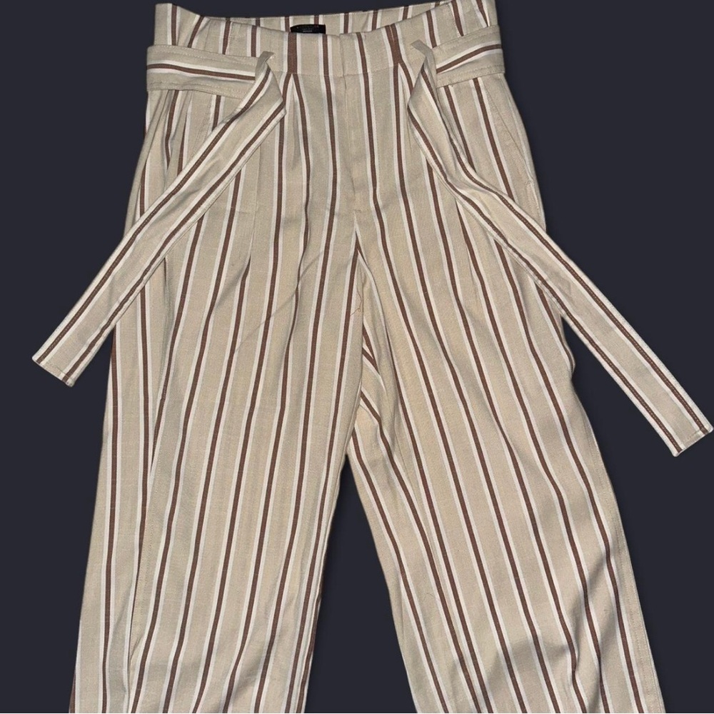 Striped Beige and Brown High-Waisted Pants